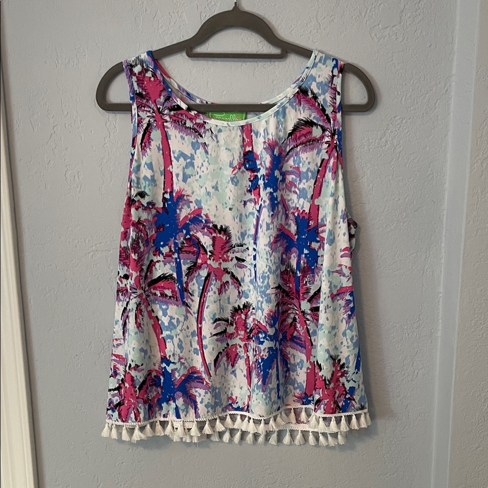 Pappagallo Tropical Palm Print Tassel Hem Tank Top in White, Pink & Blue